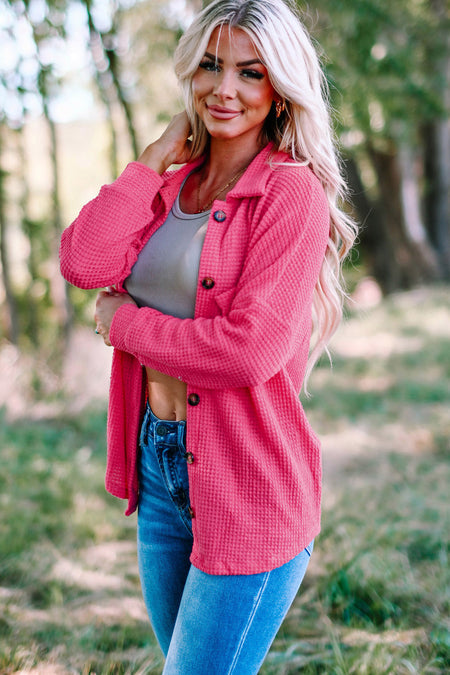 Pink Waffle Knit Button Up Casual Shirt