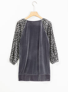 Leopard Splicing Lantern Sleeve Velvet Blouse