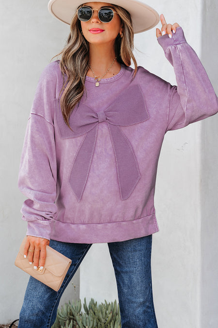 Mineral Wash Big Bow Patchwork Pullover Sweatshirt