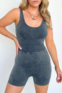 Mineral Wash Ribbed High Waist Athleisure Romper