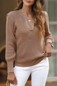 Braided Notched V Neckline Puff Sleeve Knitted Sweater