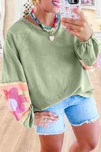 Flower Patchwork Raglan Sleeve Exposed Seam Oversized Top