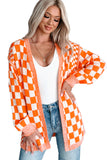 Orange Checkered Open Front Drop Shoulder Cardigan