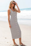 White Striped Print Sleeveless Buttoned Maxi Dress