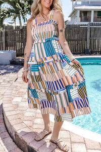 Mix Striped Wide Straps Smocked Tiered Maxi Dress