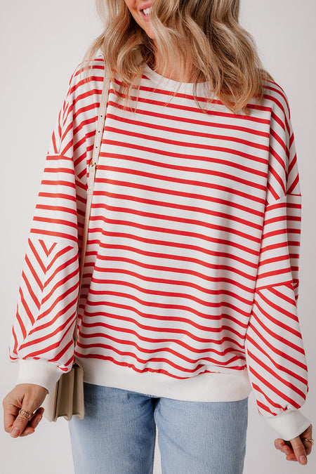 Stripe Drop Shoulder Crew Neck Loose Sweatshirt