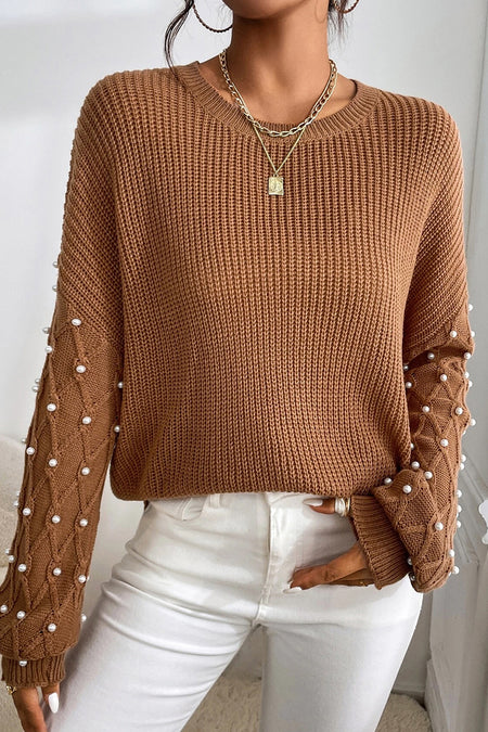 Beaded Drop Shoulder Round Neck Sweater