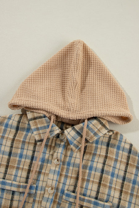 Waffle Knit Patchwork Hooded Plaid Shacket