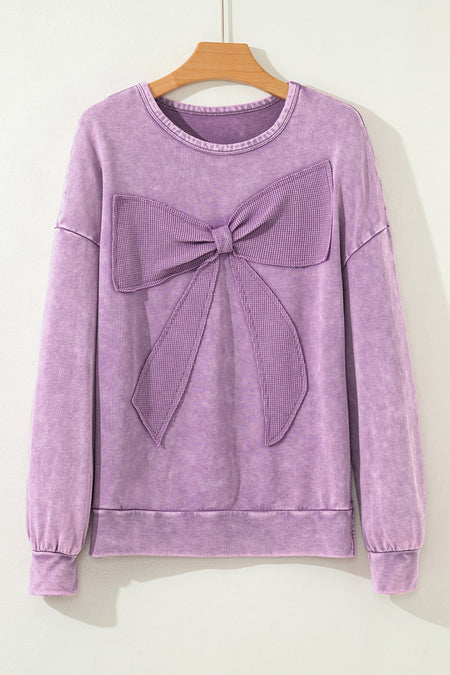 Mineral Wash Big Bow Patchwork Pullover Sweatshirt