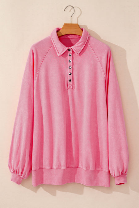 Snap Buttons Collared Balloon Sleeve Oversized Sweatshirt