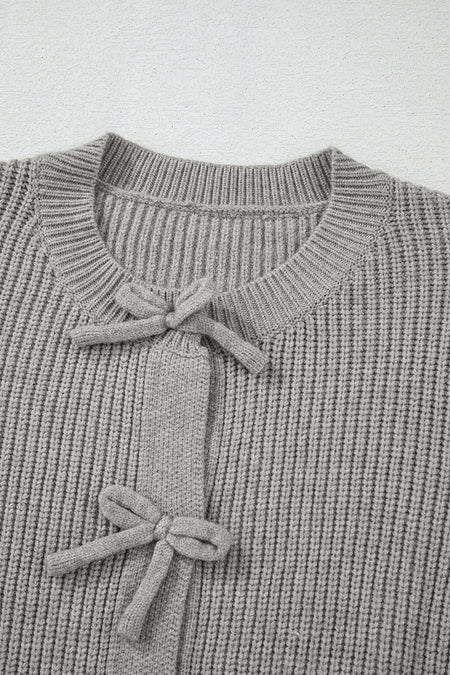 Ribbed Knit Bow Front Buttoned Cardigan