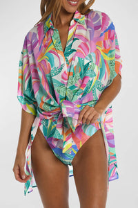 Plant Print Button-up Half Sleeve Beach Cover Up
