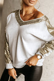 Khaki Sequin Patchwork V Neck Long Sleeve Top