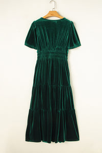 Velvet Short Sleeve Shirred Waist Tiered Maxi Dress