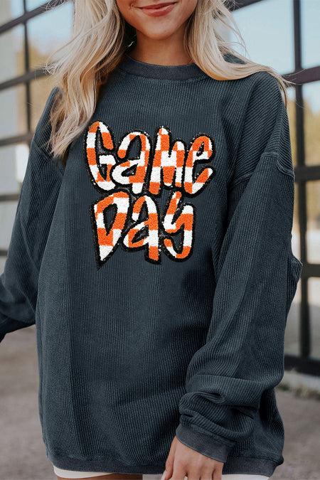 Chenille Checkered Game Day Graphic Drop Shoulder Corded Sweatshirt