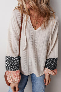 Floral Patchwork Textured Knit Drawstring V Neck Blouse