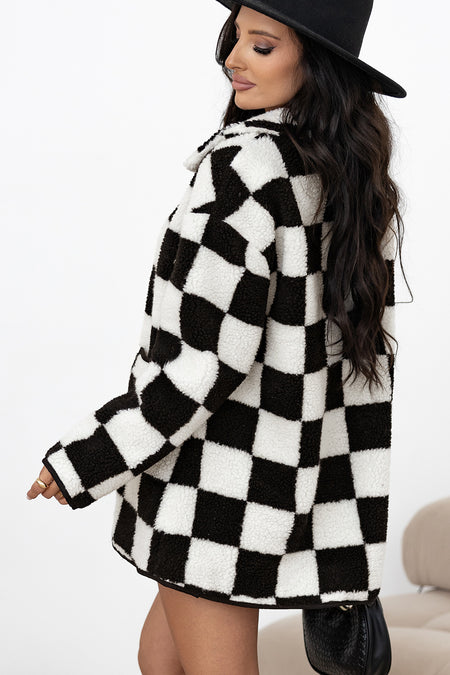 Checkered Side Pockets Collared Buttoned Fleece Jacket