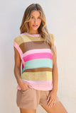 Pink Stripe Crochet Cap Sleeve Loose Fit Sweater T Shirt