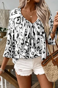 Leopard Print Ruched V Neck 3/4 Sleeve Blouse