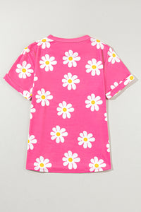 Pink Daisy Printed Crewneck T Shirt
