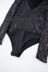 Black Sequin V Neck Zipped Long Sleeve Bodysuit