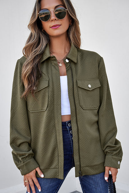 Zip Up Button Flap Pocket Shirt Collar Jackets