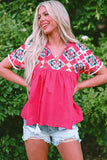 Embroidered Tassel Tie V Neck Blouse