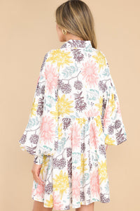 Collared Neck Bubble Sleeve Floral Dress