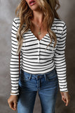 Stripe Slim Fit Buttoned V Neck Long Sleeve T Shirt