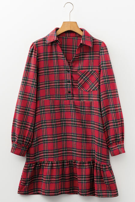 Plaid Half Button Long Sleeve Shirt Mini Dress