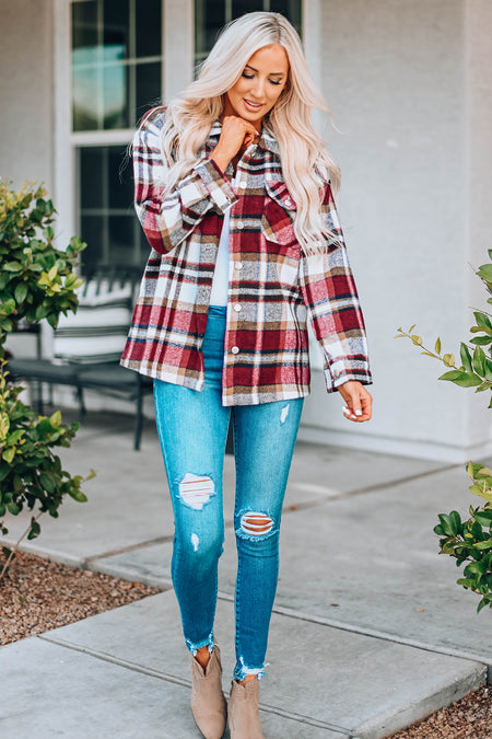 Geometric Plaid Print Pocketed Shacket