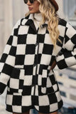 Checkered Side Pockets Collared Buttoned Fleece Jacket