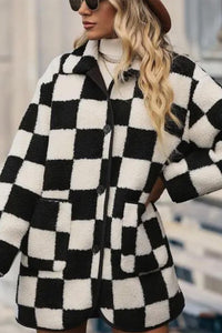 Checkered Side Pockets Collared Buttoned Fleece Jacket