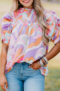 Abstract Print Bubble Sleeve Smock Detail Blouse