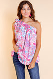 Knotted One Shoulder Paisley Print Tank Top