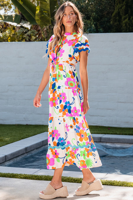 Ricrac Trim Flutter Sleeve Buttoned Floral Maxi Dress