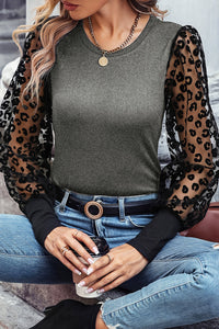Leopard Mesh Puff Sleeve Patchwork Slim Fit Top