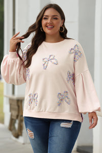 Embroidered Bow Lantern Sleeve Oversized Pullover Sweatshirt