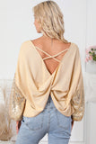 Sequin Patchwork Sleeve Open Back Waffle Knit Top