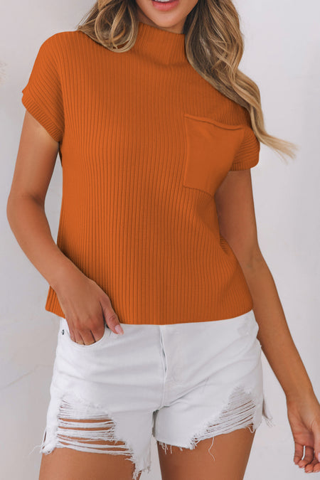 Patch Pocket Ribbed Knit Short Sleeve Sweater