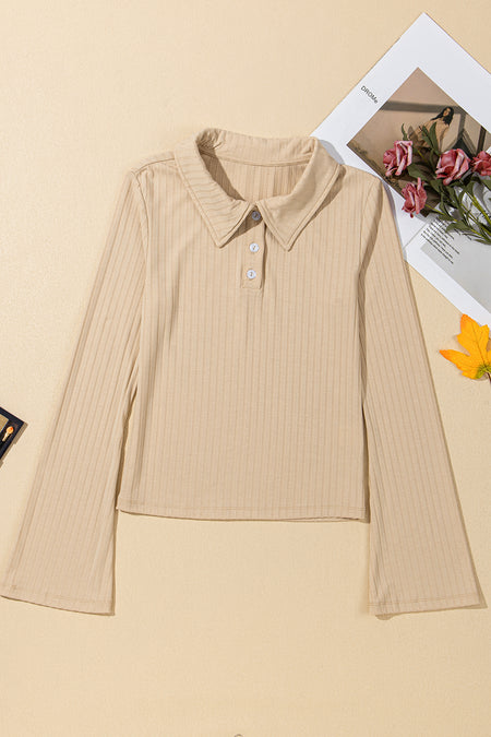 Ribbed Buttoned Collar Long Sleeve Slim Fit Top