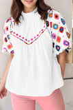 Embroidered Smocked Neck Puff Sleeve Top