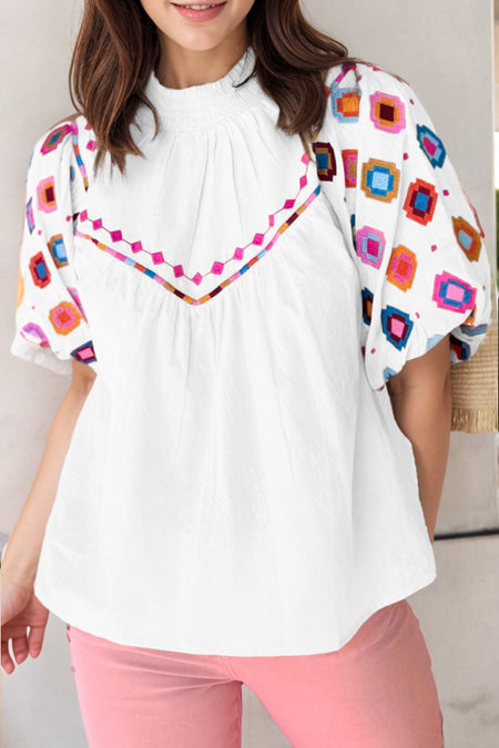 Embroidered Smocked Neck Puff Sleeve Top