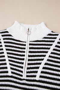 Stripe Zip up Collar Drop Shoulder Sweater