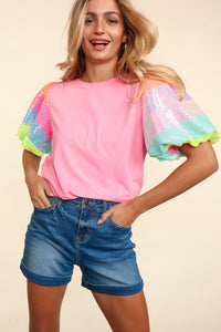 Sequin Colorblock Striped Puff Sleeve Top