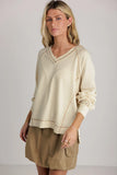 Exposed Seam Textured Knit V Neck Pullover Top