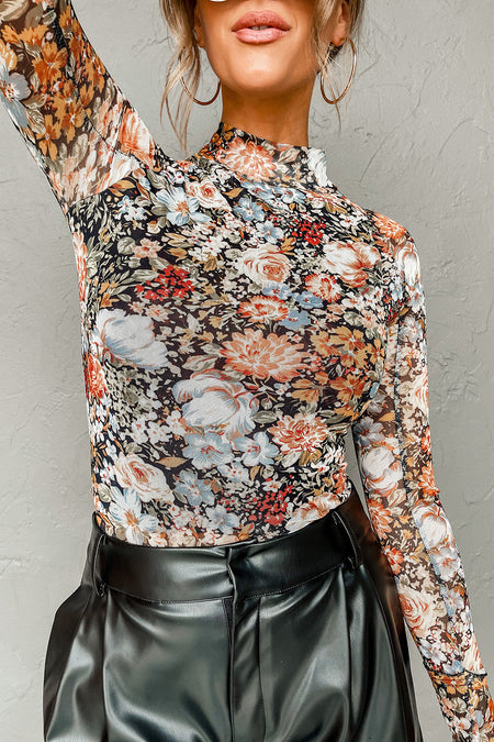 Floral Long Sleeve High Neck Sheath Mesh Blouse