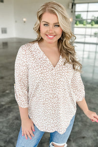 Leopard Tab Sleeve V Neck Plus Size Top