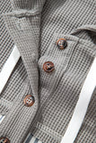 Gray Waffle Printed Patchwork Drawstring Hooded Long Sleeve Top