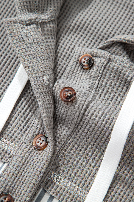 Gray Waffle Printed Patchwork Drawstring Hooded Long Sleeve Top